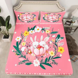 Erosebridal Комплект постельного белья Kawaii Bunnies с милыми кроликами и цветочным принтом в розовых тонах, Rabbit 03