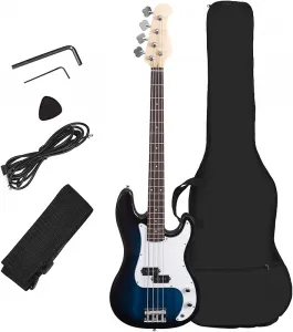 Unbranded Электрическая бас-гитара 4 струны полного размера для начинающих, комплект для старта, гриф с розовым деревом и мост, с двумя звукоснимателями и двумя регуляторами тембра, сумка для гитары, ремень, медиатор, кабель для усилителя (синий бас)