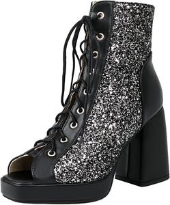 Женская мода: ботильоны с открытым носком на массивном каблуке 9,5 см, короткие многокрасочные с кружевами и платформой, офисный стиль LYYSKY, Black(5721)