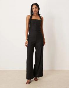Комбинезон Mango с квадратным вырезом и завязкой-халтером спереди, черный