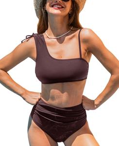 Женский бикини-комплект с асимметричным вырезом, завязками и сборками Cupshe, Brown