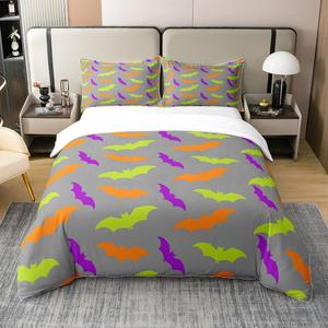 Erosebridal Комплект постельного белья из 100% хлопка с принтом летучих мышей в фиолетовых, зеленых и оранжевых тонах для детей, Grey Purple Green