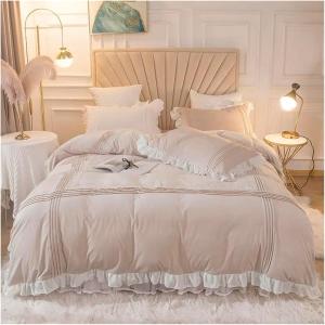 YUSIWOAL Комплект постельного белья из однотонного хрустального вельвета с кружевом и стеганой юбкой