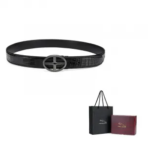 JAGUAR Мужской ремень деловой стиль из редкой кожи крокодила с автоматической пряжкой черный шириной 3.4 см, Black