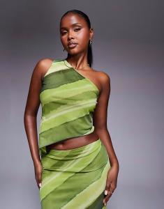 Асимметричный сетчатый топ на одно плечо с зеленым абстрактным принтом Asos Design