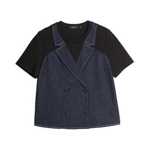 ELLE Футболка Women's Black Lapel Moderate Mock Two Piece