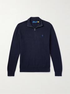 Хлопковый свитер с вышитым логотипом и сотовой вязкой на половину молнии POLO RALPH LAUREN, темно-синий