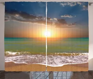 Штора ABAKUHAUS Морской пейзаж в деревенском стиле, Закат и волны на песчаном пляже, универсальная ленточная штора для гостиной с петлями и крючками, 280 x 225 см, разноцветная Abakuhaus