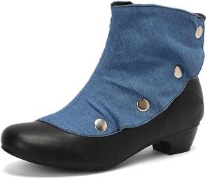 Женские ботильоны с круглым носком в ретро стиле с комфортным западным блок-каблуком, кожаные зимние ботинки для платья с боковой молнией Generic, Black