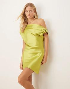 Атласное мини-платье на одно плечо ASOS DESIGN зеленого цвета с драпировкой