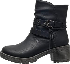 Женские ботильоны Удобные с мягкой посадкой До середины икры Круглый носок Низкий каблук Комфортные ботинки с боковой молнией и ремешком с пряжкой Generic, Black