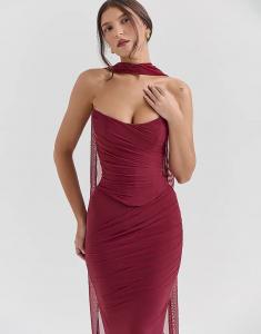 Корсет без бретелек с шейным платком от House of CB Hallie в цвете каберне