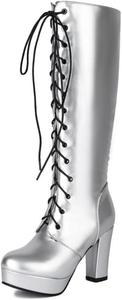 Женские ботфорты на платформе со шнуровкой, высокие каблуки, длинные ботильоны для ночного клуба и вечеринок, модные, больших размеров Generic, Silver