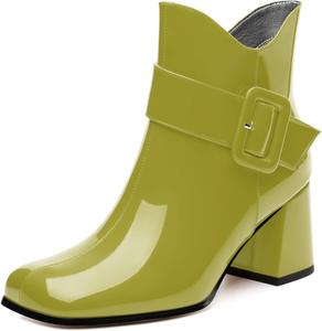 Женские ботильоны средней высоты с квадратным носком и толстым каблуком, короткие ботинки, модные с боковой молнией, однотонные лакированные ботильоны, удобные повседневные рабочие ботинки GUAVAIVY, Yellow Green Patent