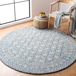 Ковер SAFAVIEH, 122 x 122 см, Blossom Collection, круглый, синий и ivory, ручной работы из шерсти, идеален для помещений с высокой проходимостью в гостиной, спальне (BLM114M)
