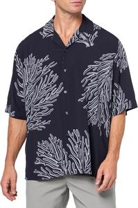 BOSS Мужская вискозная рубашка с коротким рукавом и принтом на пуговицах, Premium Navy