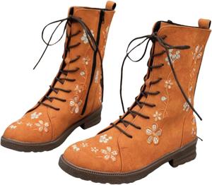 Женские боевые ботинки с цветочной вышивкой на шнуровке, кожаные, массивный каблук-блок, средний каблук, ботильоны с круглым носком, до середины икры, для езды Generic, Orange