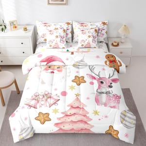 Erosebridal Комплект постельного белья Girly Pink Christmas с розовым Санта Клаусом, мультяшными пряничными домиками и рождественскими ёлками в зимнем снежном стиле, Pink White