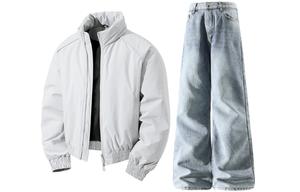 Повседневная спортивная одежда унисекс стойка утепленная и флисовая подкладка X1617, экрю puffer jacket+синий fleece-lined pants