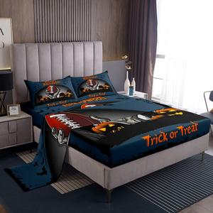 Erosebridal Комплект постельного белья Happy Halloween с американским футболом и тыквами в синем цвете, Pigeon Blue Black