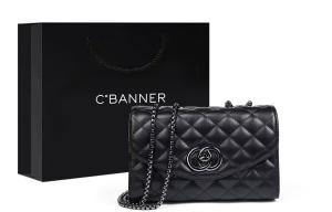 Кожаная коровья наплечная маленькая квадратная сумка через плечо повседневная женская черная C°BANNER