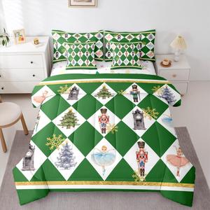 Erosebridal Комплект постельного белья Christmas Nutcracker с зимним снежинками и зеленым геометрическим узором, Green and White