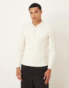 Поло ASOS DESIGN Muscle Fit с длинными рукавами и молнией, кремового цвета с фактурным рубчиком - CREAM