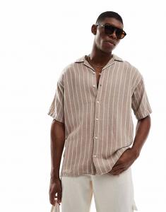 Рубашка Jack & Jones Revere с короткими рукавами и текстурированными полосками бежевого цвета