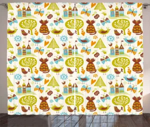 Штора для спальни ABAKUHAUS "Кошка в деревенском стиле", милый дизайн с изображением кошки, птицы и бабочки, с присборенной лентой, петлями и крючками, 280 x 225 см, цвет: зеленый, коричневый, светло-голубой Abakuhaus