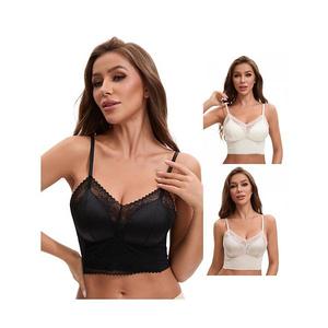 3 упаковки женских укороченных топов-ками с V-образным вырезом, кружевной отделкой и встроенным бюстгальтером Inspire Chic, White Black Khaki