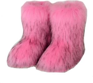 Женские ботинки из искусственного меха, пушистые, средней длины, зимние, до середины голени, с плоским каблуком Generic, Pink