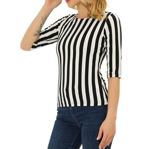 Женская повседневная футболка с принтом и круглым вырезом с рукавами до локтя ALLEGRA K, цвет Black Vertical Stripe