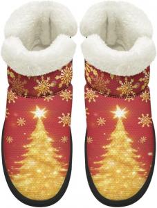 Женские зимние ботинки KEIAHUAN, утепленные ботильоны с меховой подкладкой, легкие и удобные уличные ботинки на плоской подошве, Gold Christmas Tree