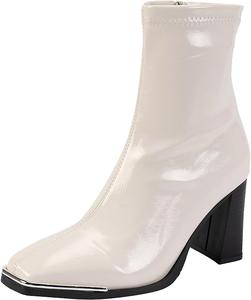 Женские сапоги средней длины до икры с удобным квадратным носком, застежкой-молнией, короткие ботильоны на блочном каблуке с мягкой эластичной посадкой Generic, White