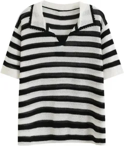 Женская летняя поло в черно-белую полоску, вязаная, модный топ с коротким рукавом Kelsiop