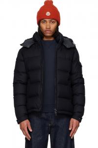 Moncler Короткая пуховая куртка из шерстяной фланели с капюшоном, темно-синего цвета Montgenevre