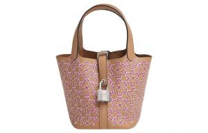 HERMES Сумка Picotin Lock Swift Calfskin, ведро, женская 14 Tea Brown/Rose Pink/White