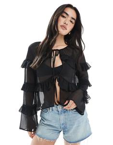 Черная блузка Miss Selfridge с завязками и воланами спереди