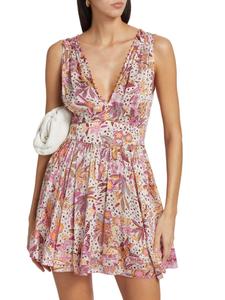Мини-платье Bessie Floral сатин с V-образным вырезом Poupette St Barth, цвет Pink Savana