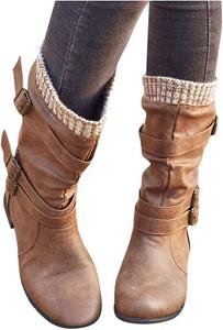 Женские ботинки для верховой езды ZBYY, модные ботильоны с круглым носком до середины голени, ретро, на плоской подошве, с широким голенищем, зимние ботинки для верховой езды, коричневый