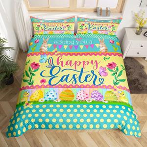 Erosebridal Комплект постельного белья Happy Easter с желтыми точками, розовыми полосками и рисунками кроликов, Multi 35