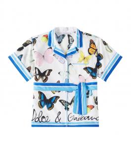 Рубашка из хлопкового поплина с принтом и поясом Dolce&Gabbana Kids, Farfalle Bordo Blu