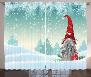 Штора ABAKUHAUS Гном в деревенском стиле, Эльф Томте, стоящий на снегу, универсальная ленточная штора для гостиной с петлями и крючками, 280 x 245 см, мятно-зеленый, нежно-голубой Abakuhaus