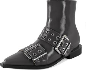 Женские ботильоны SAMMITOP с низким толстым каблуком, классические заостренные носки, боковая молния, ботильоны Челси с металлической пряжкой и люверсами, каблук 3 см, Patent Grey