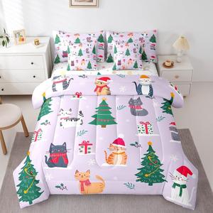 Erosebridal Комплект постельного белья Cartoon Cat с рождественской тематикой, милые котята в светло-фиолетовых тонах, Green Grey Red White Light Purple