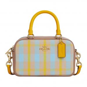 COACH Жаккардовая сумка-сатчел с гладкой кожаной отделкой, кросс-боди, маленькая, женская, ярко-желтая