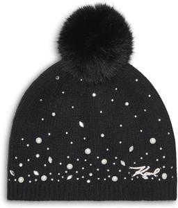 Женская шапка-бини с помпоном из искусственного меха Karl Lagerfeld, украшенная кристаллами и жемчугом, Black