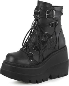 Женские боевые ботинки ZHOUYF, модные с круглым носком, массивная платформа, танкетка, ботинки-рыцари, с шнуровкой и молнией, на высоком каблуке, панк-стиль, мотоботинки средней длины для женщин, 9.5-10 Black