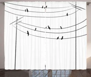 Штора в деревенском стиле Птица на проволоке от ABAKUHAUS, расписанная вручную, с голубями, присборенная, с петлями и крючками, 280 x 225 см, цвет: антрацитовый серый и белый Abakuhaus