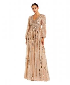 Женское платье с длинными рукавами и V-образным вырезом из сетчатой ткани с вышивкой Mac Duggal, Beige